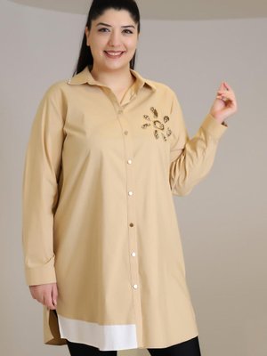 Bej Boncuklu Uzun Tunik