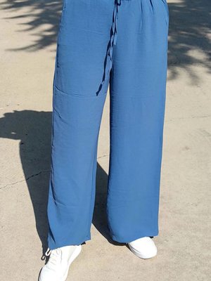 İndigo Beli Büzgülü Bol Paça Pantolon