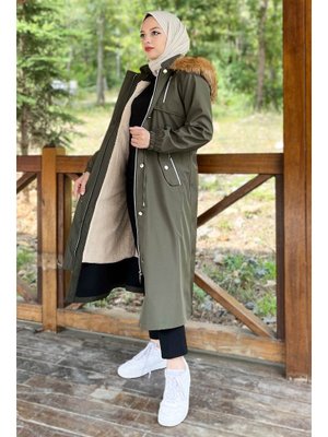 Haki Kapüşonlu Fermuarlı Mont