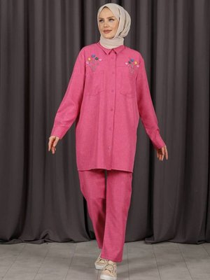 Pembe Çiçek Taşlı İkili Takım