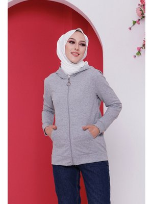 Gri Mini Kapüşonlu Hırka