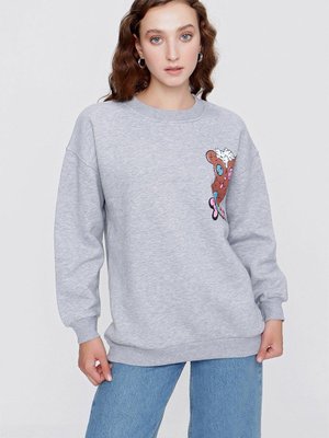 Gri Bisiklet Yaka Baskılı Sweat Gri Bisiklet Yaka Baskılı Sweat