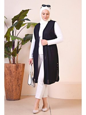 Siyah Uzun Buyuk Beden Yelek Kadin Hermevsim