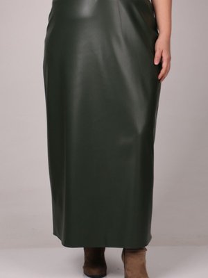 Haki Büyük Beden Deri Uzun Kalem Etek