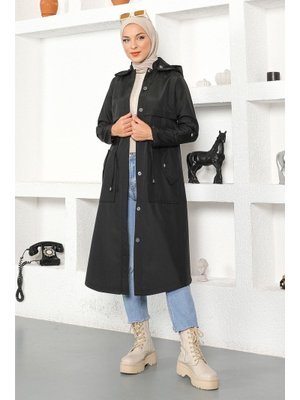 Siyah Kapüşonlu Trençkot