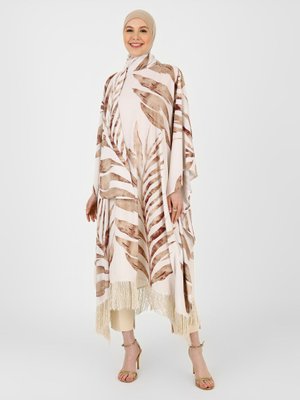 Ekru Kahve Saten Yarasa Kol Yaprak Desenli Püsküllü Ferace