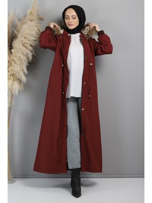 Bordo Kapüşonlu Ribanalı Mont