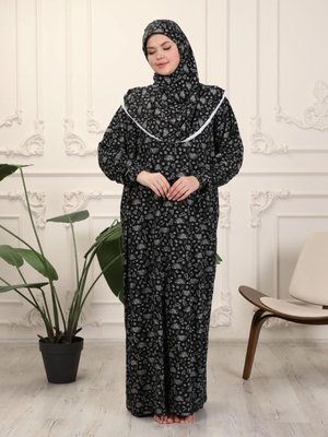 Siyah Tek Parça Koton Çiçek Desen Namaz Elbisesi Siyah Tek Parça Koton Çiçek Desen Namaz Elbisesi
