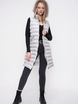 Gri Kapüşonlu Uzun Şişme Yelek