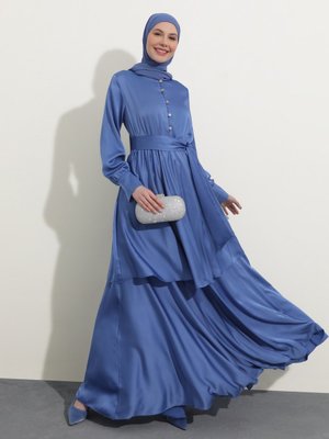 Gök Mavi Taş Detaylı Kat Kat Saten Abiye Elbise