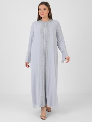 Açık Gri Büyük Beden Taş Detaylı Şifon Abiye Takım