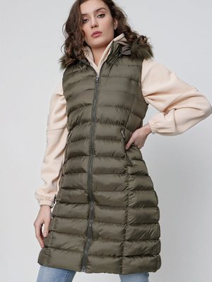 Haki Kapüşonlu Uzun Şişme Yelek