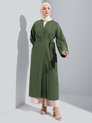 Zümrüt Yeşili Kuşak Detaylı Rahat Ferace