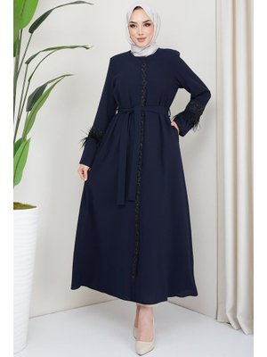 Lacivert Tüy Detaylı Kuşaklı Ferace