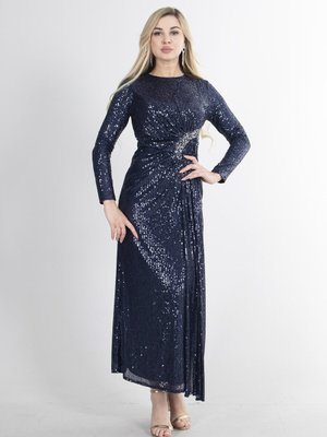Lacivert Uzun Kol Payetli Astarlı Abiye Elbise Lacivert Uzun Kol Payetli Astarlı Abiye Elbise