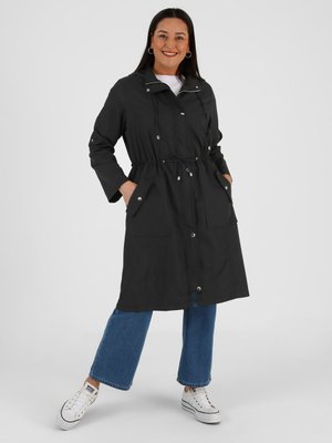 Siyah Büyük Beden Fermuarlı Çıtçıtlı Kapüşonlu Trençkot