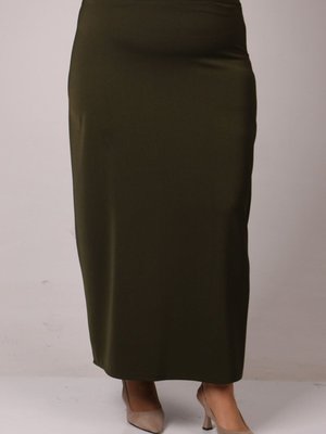 Haki Büyük Beden Yandan Fermuarlı Uzun Kalem Etek