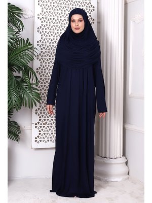 Lacivert Tek Parça Pratik Başörtülü Robalı Namaz Elbisesi