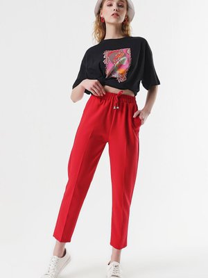 Kırmızı Beli Lastikli Pantolon