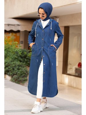 Lacivert Kapüşonlu Düğmeli Spor Kot Kap