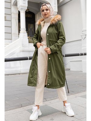 Haki Yakası Kürklü İçi̇ Peluş Bondi̇t Kaban Haki Yakası Kürklü İçi̇ Peluş Bondi̇t Kaban