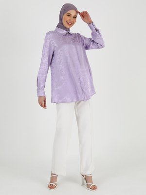 Toz Lila Jakarlı Saten Tunik