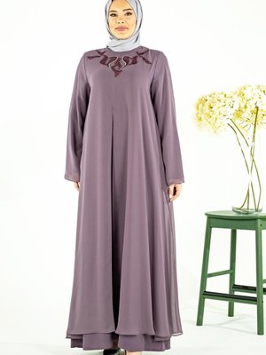 Lila Kum Krep Orkide Taşlı Elbise