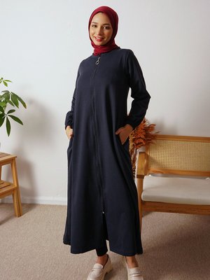 Koyu Lacivert Cepli Fermuarlı Uzun Spor Ferace