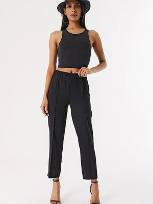 Siyah Çimalı Beli Lastikli Kumaş Pantolon Siyah Çimalı Beli Lastikli Kumaş Pantolon