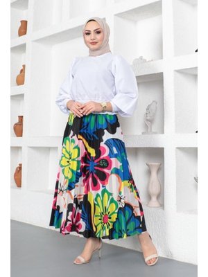 Fuşya Desenli Piliseli Etek