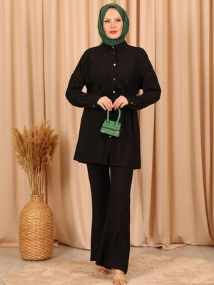 Siyah Keten Bel Bağcıklı Takım Siyah Keten Bel Bağcıklı Takım