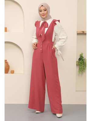 Gül Kurusu Papyonlu Düğmeli Tulum