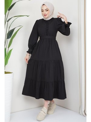Siyah Önü Fırfırlı Kolu Bağlamalı Elbise