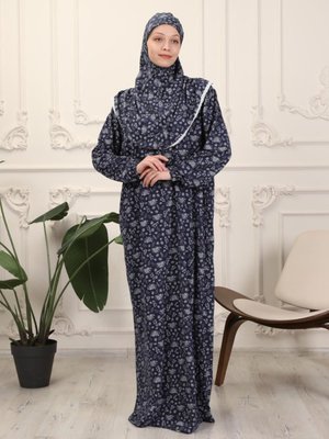 Lacivert Tek Parça Koton Çiçek Desen Namaz Elbisesi Lacivert Tek Parça Koton Çiçek Desen Namaz Elbisesi
