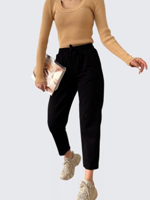 Siyah Paçası Püskül Detay Beli Lastikli Pantolon Siyah Paçası Püskül Detay Beli Lastikli Pantolon
