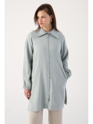 Gri Fermuarlı Reglan Kol Gömlek Yaka Kap