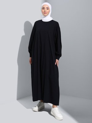 Lacivert Doğal Kumaşlı Balon Kollu Elbise