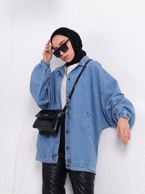 Kolları Lastikli Oversize Kot Ceket Buz Mavisi
