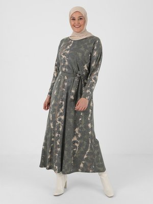 Haki Büyük Beden Desenli Elbise
