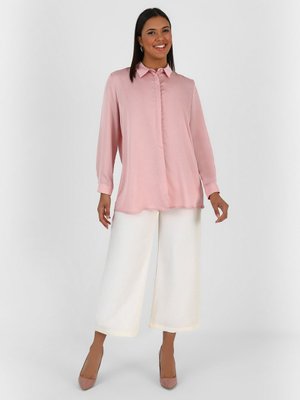 Pudra Büyük Beden Düğme Detaylı Saten Tunik