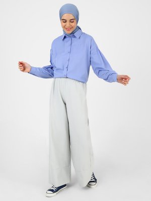 Açık Gri Beli Lastikli Bol Paça Poplin Pantolon Açık Gri Beli Lastikli Bol Paça Poplin Pantolon
