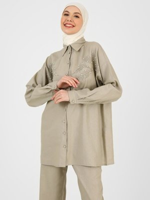 Açık Vizon Nakış Detaylı Boncuklu Keten Tunik