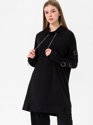 Siyah Kolu Halka Detaylı Degaje Yaka Sweat Siyah Kolu Halka Detaylı Degaje Yaka Sweat