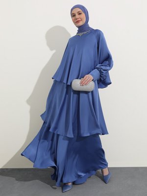 Gök Mavi Yakası Taş Detaylı Abiye Elbise