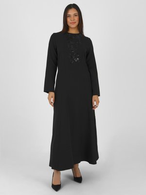 Siyah Büyük Beden Pul Detaylı Abiye Elbise