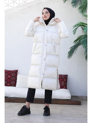 Ekru Uzun Dolumlu Şişme Mont