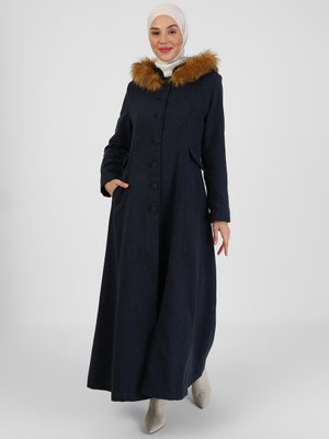 İndigo Kapüşonu Kürk Detaylı Kaban