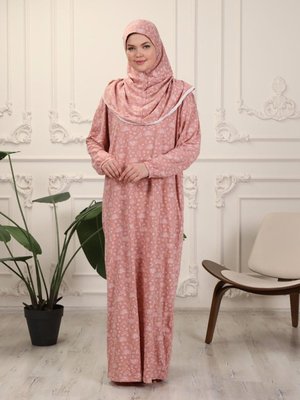 Somon Tek Parça Koton Çiçek Desen Namaz Elbisesi Somon Tek Parça Koton Çiçek Desen Namaz Elbisesi