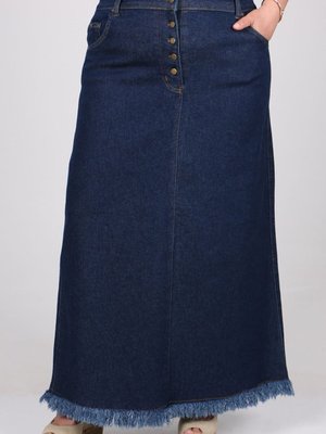 Lacivert Büyük Beden Önden Düğmeli Altı Püsküllü Uzun Kot Etek