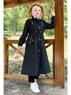 Siyah Kapüşonlu Fermuarlı Mont